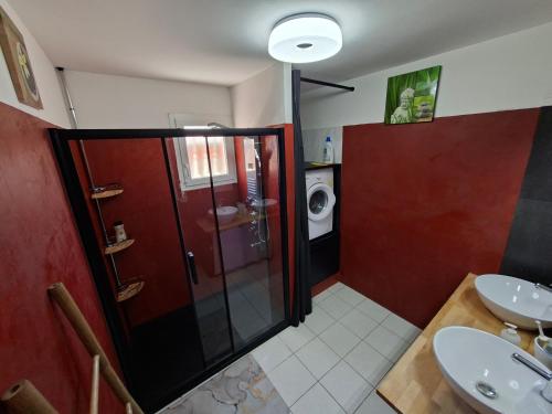 a bathroom with a shower and a washing machine at La Milhaud in Milhaud