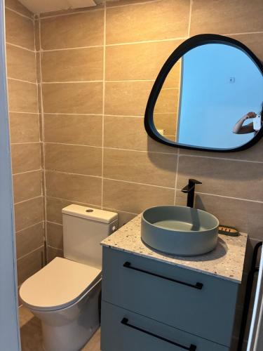 a bathroom with a toilet and a mirror at Maisonnette in Arès