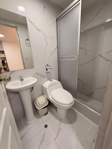 a bathroom with a toilet and a sink and a shower at Hotel La Posada de los Volcanes - ALTARA in Arequipa