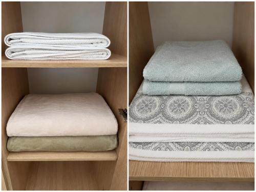 two pictures of towels and towels on a shelf at Melody's Room in Borsh