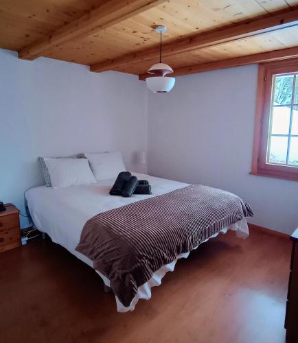 a bedroom with a large bed with a wooden ceiling at El Balcón des Diablerets in Les Diablerets