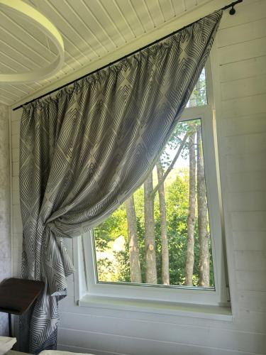 a window with a curtain in a room with trees at Borzhava View Chalet in Nizhniy Studenyy