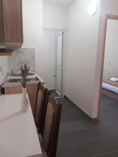 a kitchen with a table and chairs and a refrigerator at Vila Nina Donji Štoj in Ulcinj