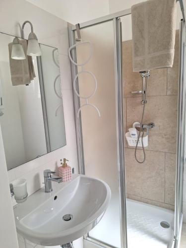 a bathroom with a sink and a shower at Da zia Sofia in Torre Lapillo