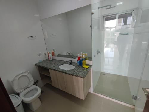 a bathroom with a toilet and a sink and a shower at Atlantis Tower in Santa Cruz de la Sierra