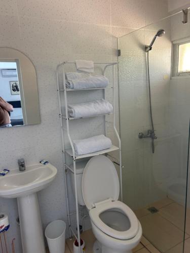 a bathroom with a toilet and a sink and a shower at Hotel HILLMON in Sosúa