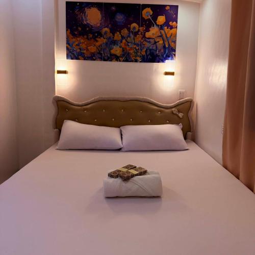 a bed with a pillow and a painting on the wall at Camila Hostel Coron in Coron
