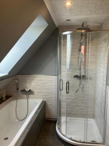 a bathroom with a shower and a bath tub at Ferienwohnung am Woezer See in Woez