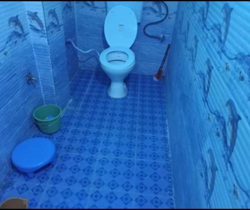a blue bathroom with a toilet and a bucket at Hariyali Homestay in Sari