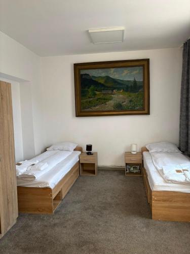 two beds in a room with a painting on the wall at Twin-Tam House in Timişoara
