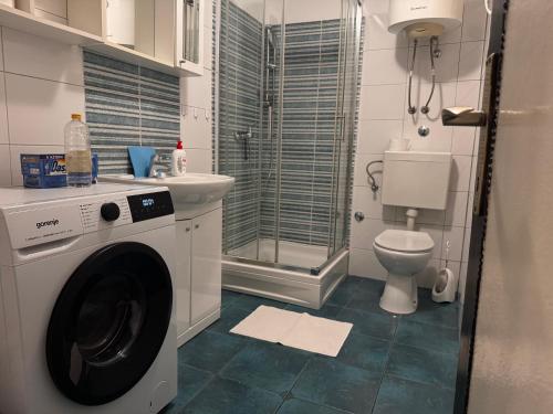a bathroom with a washing machine and a toilet at Holiday Home Mirta in Pakoštane