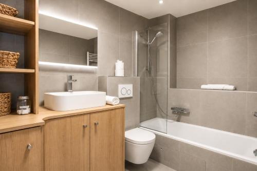a bathroom with a sink and a toilet and a shower at Apartment Picasso in Chamonix