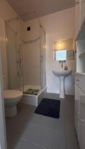 a bathroom with a shower toilet and a sink at Kapitańska Przystań in Chłopy