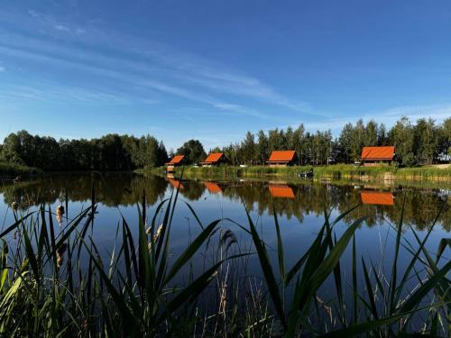 a view of a lake with houses in the background at Siedlisko Konradówka in Olecko