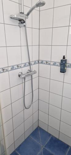 a shower in a white tiled bathroom with a blue floor at Hôtel restaurant ANGEL'S in Angles