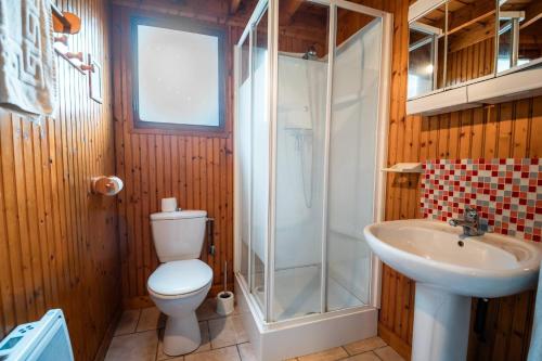 a bathroom with a toilet and a shower and a sink at Domaine Guillaume Chalet 6p classic in Auquainville