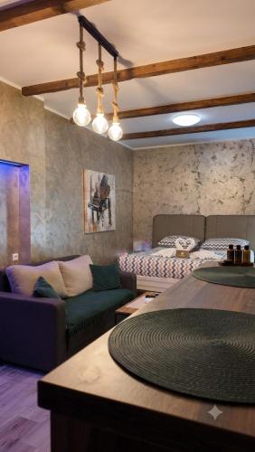 a living room with a couch and a bed at Wonderland spa free parking in Niš
