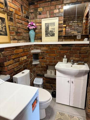 a bathroom with a white sink and a brick wall at Loukis dvars in Luokė