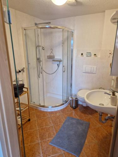 a bathroom with a shower and a toilet and a sink at Ferienwohnung am Chemnitztalradweg in Taura