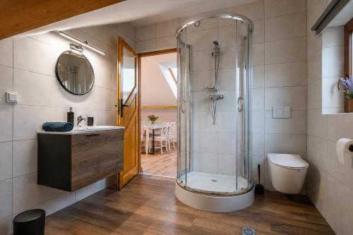 a bathroom with a shower and a toilet and a sink at Apartamenty Wisła Krzywa 8, wanna z hydromasażem, basen zewnętrzny in Wisła
