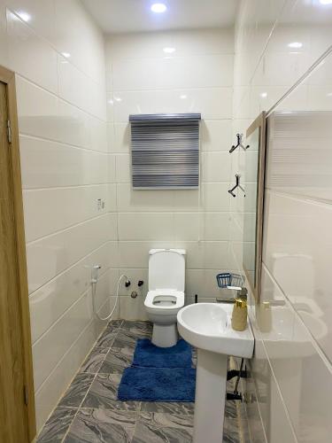 a bathroom with a white toilet and a sink at Heritage Apartment in Ibadan