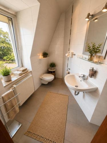 a bathroom with a sink and a toilet at Pension & Restaurant Zu den Linden Radebeul in Radebeul