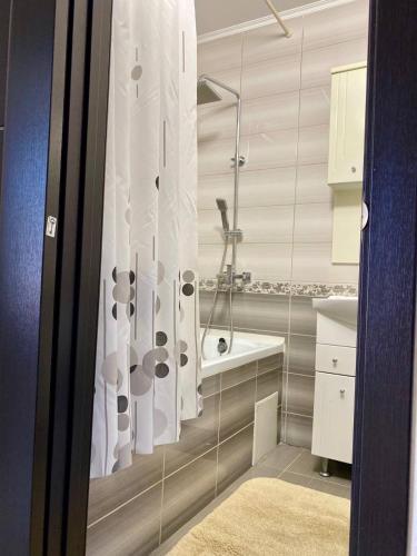 a bathroom with a shower curtain and a sink at Марсельская Residence in Kryzhanivka