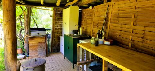 a kitchen with a green stove and a wooden wall at Le portillon des fées in Sost