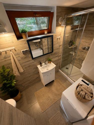 a bathroom with a shower and a sink at Wiśniowa Chata in Rentyny