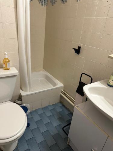 a bathroom with a toilet and a tub and a sink at Appt Cap d'Agde in Agde
