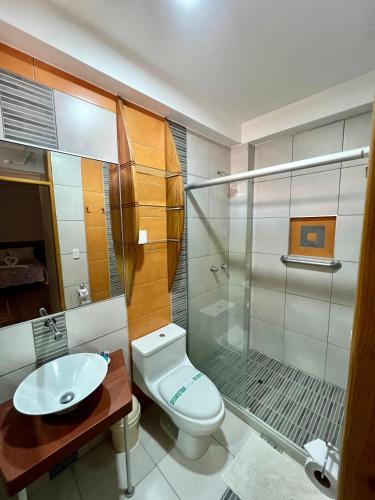a bathroom with a toilet and a sink and a shower at Hotel El Huacachinero- Hotel Familiar in Ica