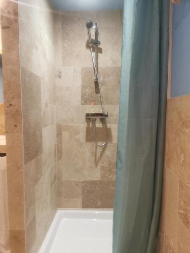 a shower in a bathroom with a shower curtain at Maison Romana in Riez