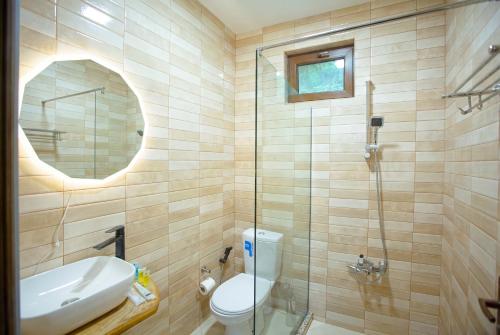 a bathroom with a toilet and a sink and a shower at Sky Glass Cottage in Kʼveda Chʼkhutunetʼi