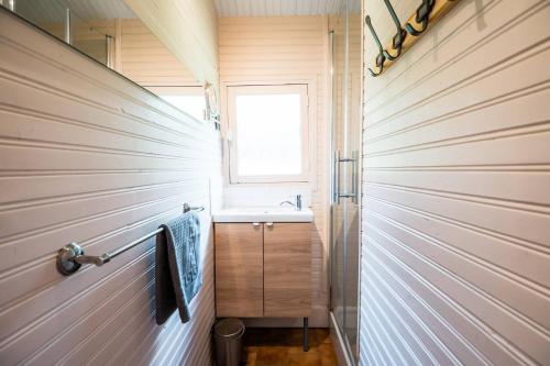 a small bathroom with a sink and a window at Domaine de Guillaume Chalet 4 Pers in Auquainville