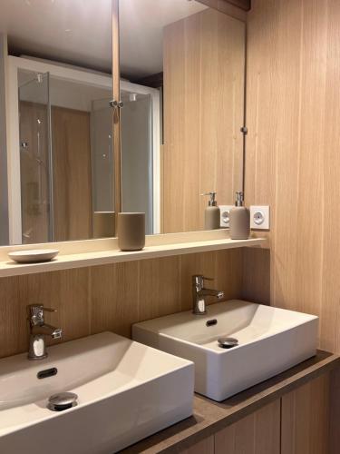 a bathroom with two sinks and a mirror at Chalet Cannelle Spa camping Buffalo Hacienda in La Seyne-sur-Mer