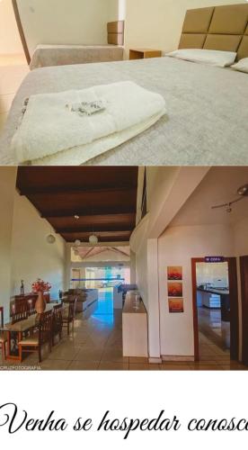 a bedroom and a living room with a bed and a dining room at Pousada Pedra Branca in Corinto