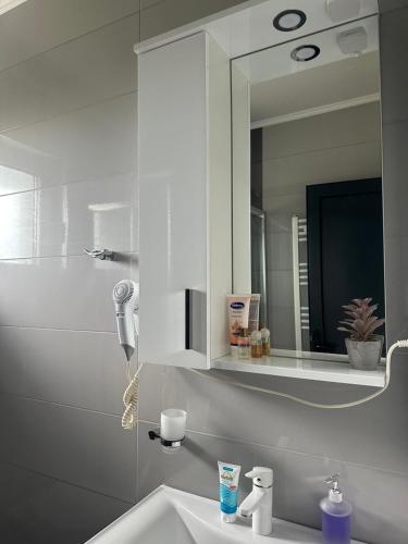 a white bathroom with a sink and a mirror at Apartmani Stevanović in Zvornik