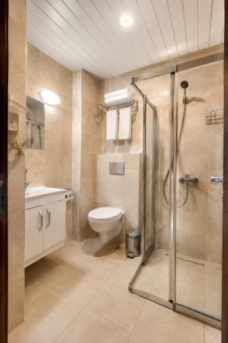 a bathroom with a shower and a toilet and a sink at Hawaii Suite Beach Hotel in Alanya