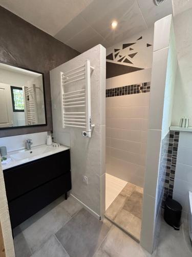 a bathroom with a sink and a shower at Les Gîtes W''elles''come in Cotignac