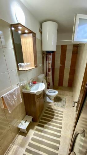 a bathroom with a sink and a toilet at Golyafeszek Vendeghaz in Sîncraiu