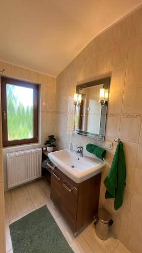 a bathroom with a sink and a mirror and a window at Przystań przy Krzywej in Dziwnów