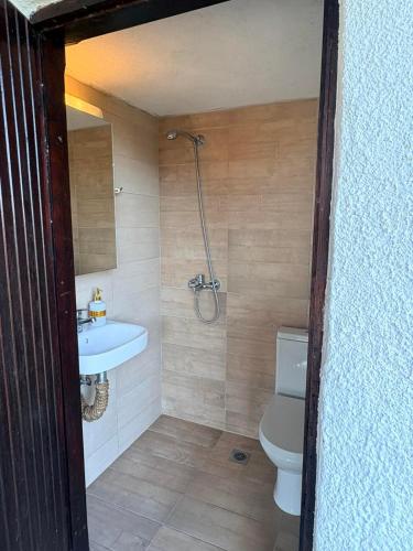 a bathroom with a toilet and a sink and a shower at Fisherman's Cove Epanomi in Epanomi