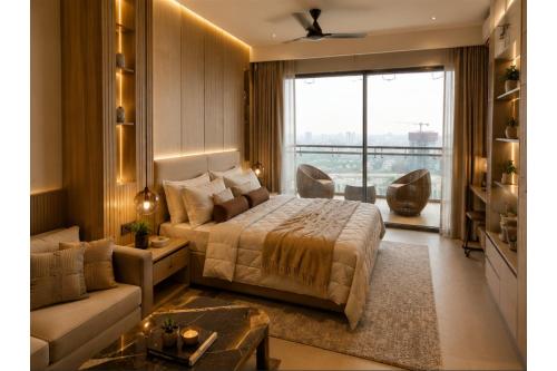 a bedroom with a bed and a couch and a window at Hotel Supreme Castle - Okhla Bird Sanctuary in Noida