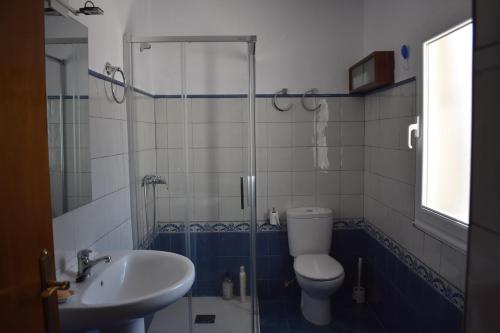 a bathroom with a shower and a toilet and a sink at Casa Nicolás in Portomarin