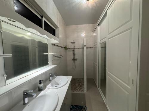 a white bathroom with a sink and a shower at La Maison Blanche, 2 bedrooms in Macouria