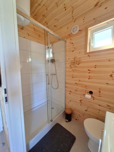 a bathroom with a shower and a toilet at Sielska Przystań in Gąski