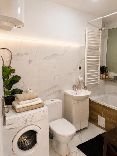 a bathroom with a washer and a toilet and a sink at Apartament 3 Maja in Brodnica