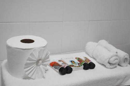 a roll of toilet paper and towels on a counter at Tortugas Brews B&B in Bocas Town