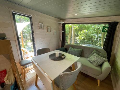 a living room with a couch and a table at Tiny House am Ranziger See in Tauche