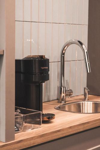 eine Küchenarbeitsplatte mit Spülbecken und Wasserhahn in der Unterkunft Hotelia in Saint-Ambroise